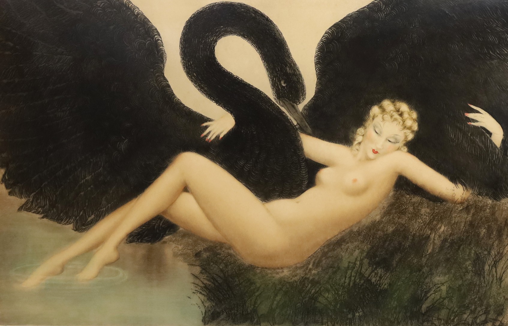 Louis Icart (1888-1950), 'Leda and the swan', drypoint etching with hand colouring,1934, 55 x 81cm